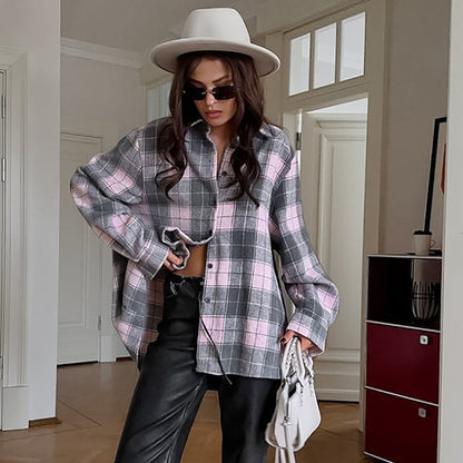 Plaid Retro Polyester Collared Casual Women Long Sleeved Shirt Autumn Top