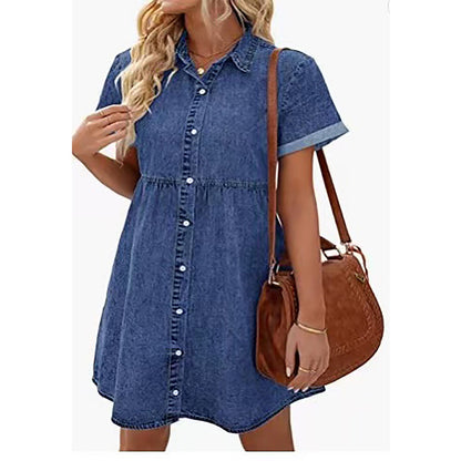 Washed Denim Collared Loose Sweet Lotus Leaf Dress Short Dress