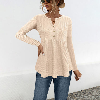 Women Collection for Autumn Button Waffle Loose Long Sleeve Top