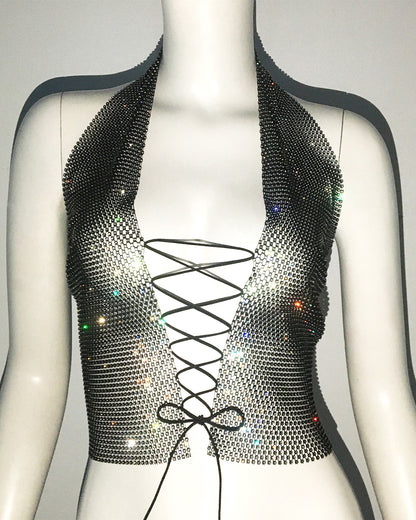 Sexy Top Sexy Lace up Rhinestone Vest Sweet Spicy Fishnet Top Sexy Sling Women