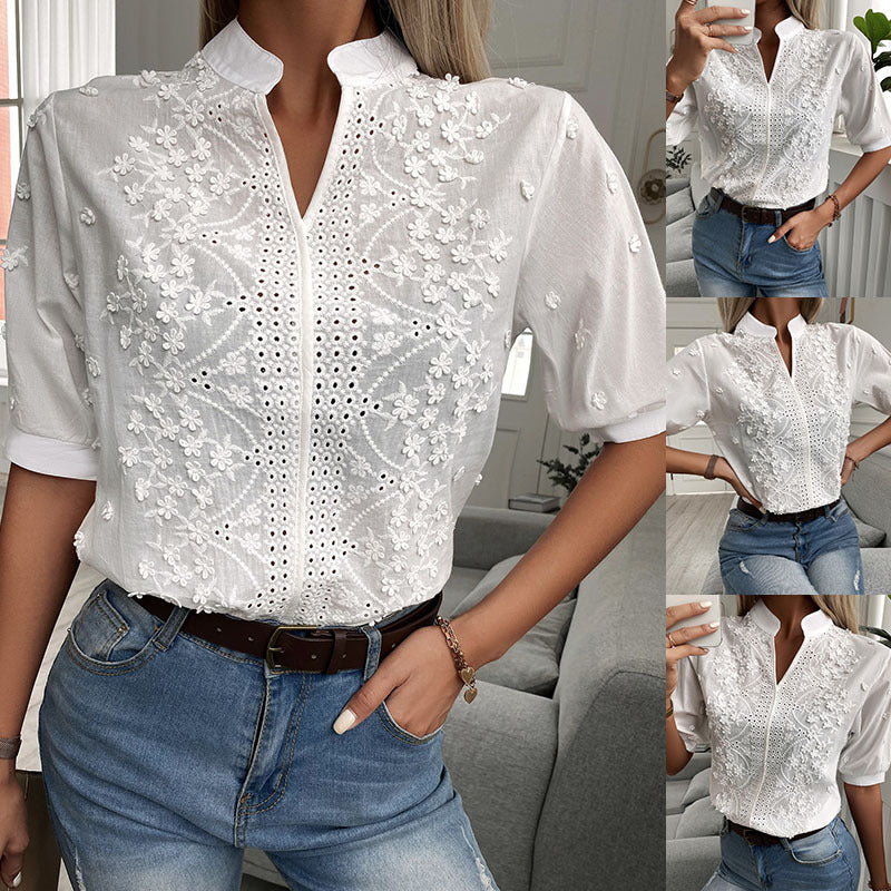 Sommer Damen V-Ausschnitt Stehkragen Ösen Stickerei Spitze Top Shirt