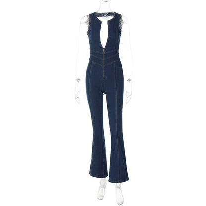 Damen Kleidung Sommer Slim Fit Abnehmen Modischer rückenfreier Retro High Waist Denim Jumpsuit