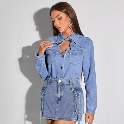 Women Clothing Retro Collar Hollow Out Cutout out Tied Denim Coat