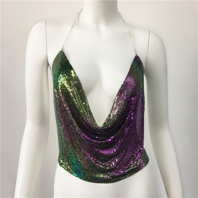 Ropa de mujer Chaleco con diamantes de imitación Traje sexy para fiesta en discoteca Top con tirantes y diamantes de imitación