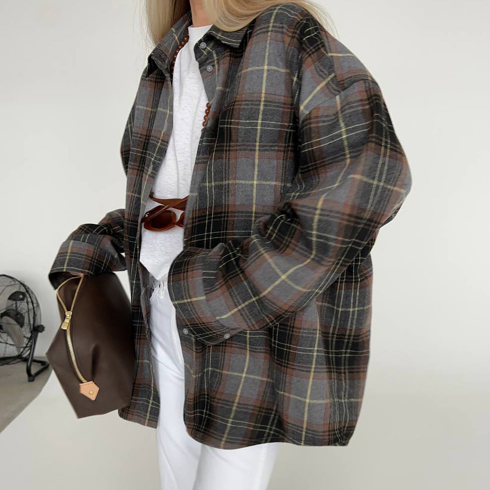 Loose Polo Collar Long Sleeve Plaid Classic Shirt Spring Summer Polyester Cotton All Matching Cardigan Shirt