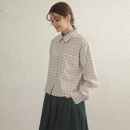 Camisa corta a cuadros de primavera, camisa de manga larga de algodón de lino Retro de nicho, se puede usar sola apilada para mujeres de moda