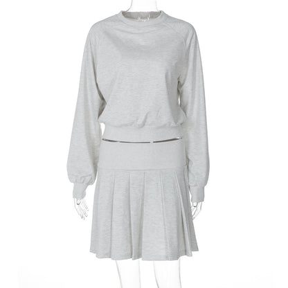 Autumn Winter Solid Color Long Sleeved Sweater Pleated Skirt Two Piece Set Casual Set Women