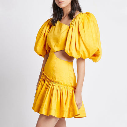 Spring Pleated Shoulder Puff Sleeve High Waist Slim-Fit Vacation Dress