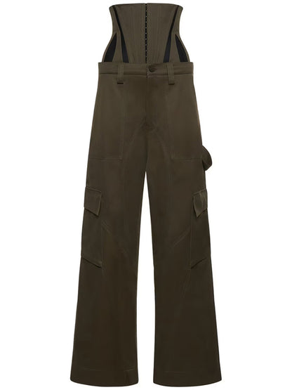 Guapo corsé deshuesado Unisex que forma el ajuste delgado del remiendo desmontable cintura sello verde militar suelta pierna ancha ropa de trabajo pantalones mujeres