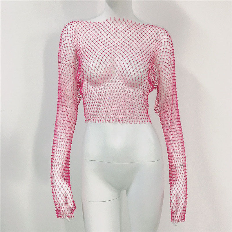 Fishnet T-Shirt Mesh Strass Langarm Top Sexy Strass Fishnet Kleidung Damen