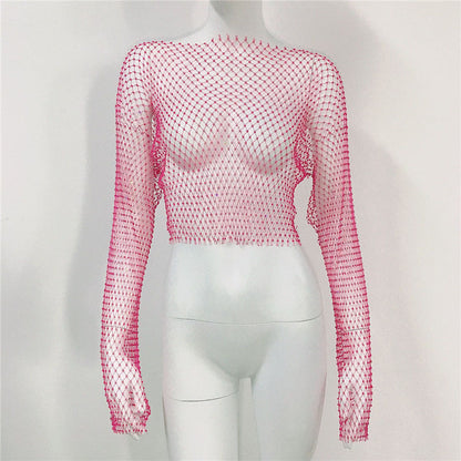 Fishnet T-Shirt Mesh Strass Langarm Top Sexy Strass Fishnet Kleidung Damen