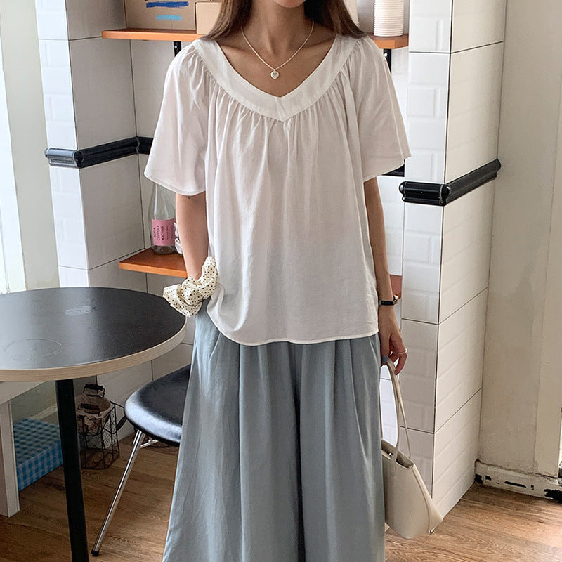 Simple V neck T shirt Women Summer Loose Comfortable Solid Color Figure Flattering Blouse Short Sleeved Top