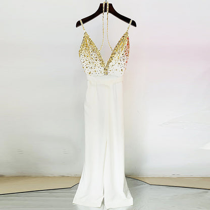 Star Spring Summer Heavy Industry Manual Beaded Sequ Sexy V Strap Straight Jumpsuit