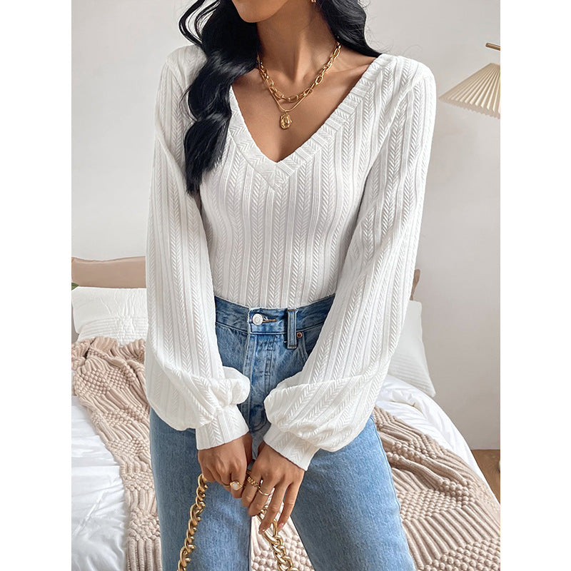 V neck Puff Sleeve Shirt Slim Office Twist Knitted Long-Sleeved Top