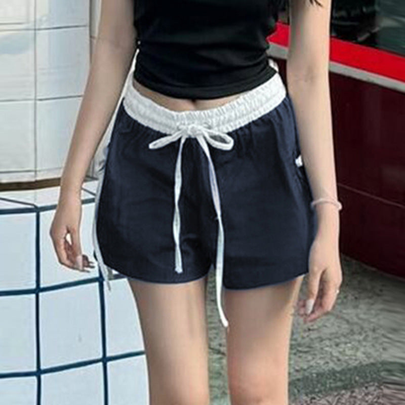 Street Contrast Color Elastic Waist Woven Overalls Lace up Basic Casual Sexy Shorts Summer