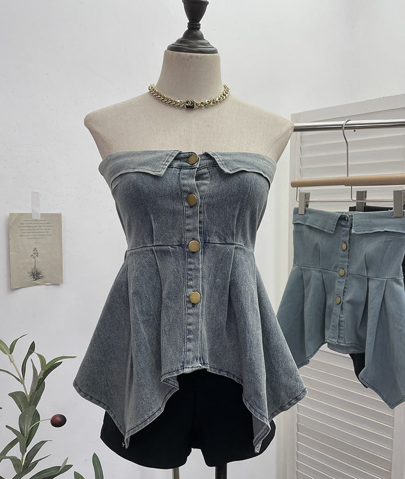 Real Shot Thai Sexy Irregular Asymmetric Hem Washed Denim Tube Top Short Single Breasted Sleeveless Top