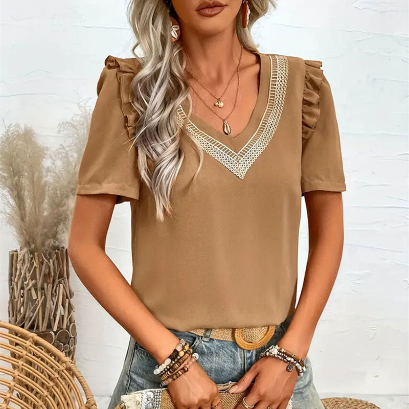 Women Clothing Flying Sleeves V neck Lace Ruffled Short Sleeves Top Women Vacation Ladies Vest Shirt Women T shirt Women