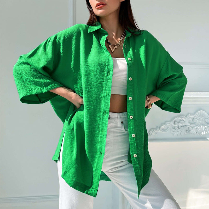 Shirt Women Loose Bell Sleeve Spring Summer Comfort Casual Solid Color Split Shirt