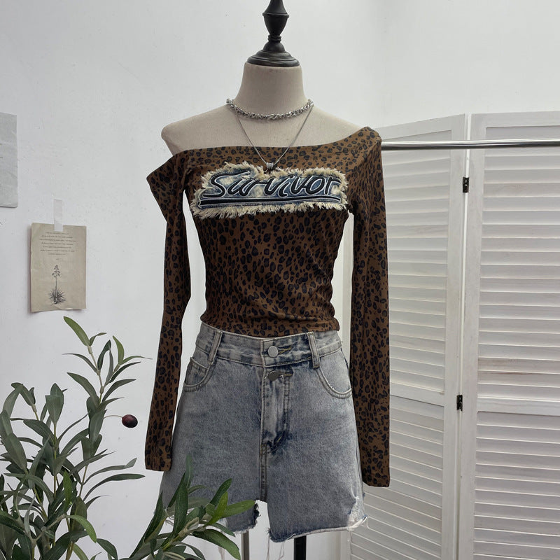 Real Shot Sexy Brief Grafik Patch Leopard Print Langarm T-Shirt Herbst Abnehmen Kurzes Top