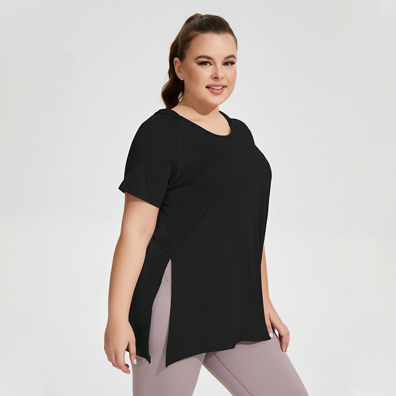 Plus Size Slim Fit Dünne Fitnesskleidung Damen Kapuzen-Kurzarm-Sport-T-Shirt Schnelltrocknende lange, oberschenkellange Yoga-Jacke