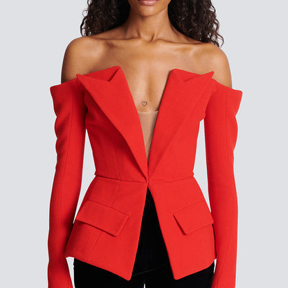 Zipper Personality Sexy Solid off Shoulder Blazer