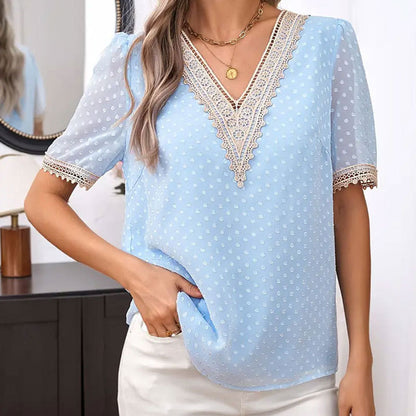 Women Clothing Summer Elegant Office Lace Decoration Micro Transparent V neck Short Sleeve Top Dot Mesh T shirt