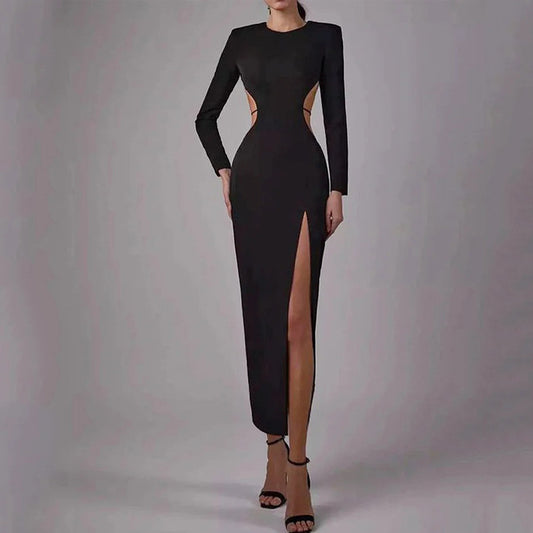 Women Clothing Summer Long Sleeve Hollow Out Cutout Out Solid Color Strap Dress