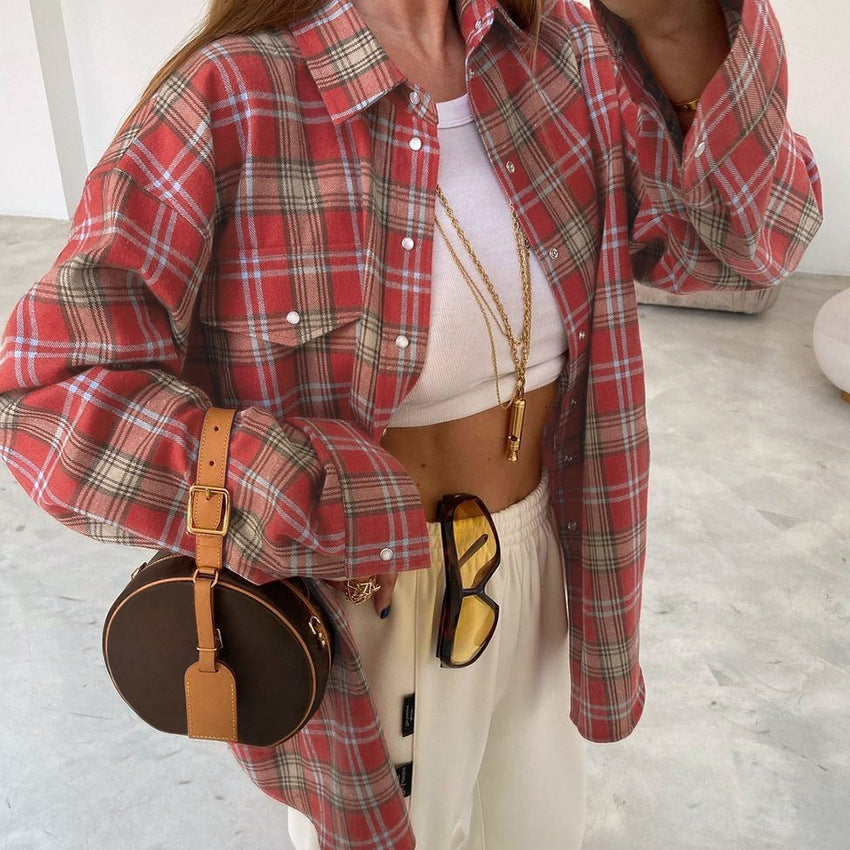 Retro Classic Plaid Collared Long Sleeve Shirt Spring Loose Shirt Women Clothing