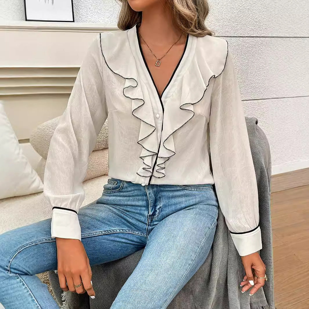 Women Clothing Best Seller Elegant Lady Semi Transparent Lotus Leaf Collar Can Open Long Sleeve Women Shirt