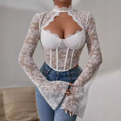 Top popular con escote en V y mangas abullonadas con encaje transparente para chicas sexy