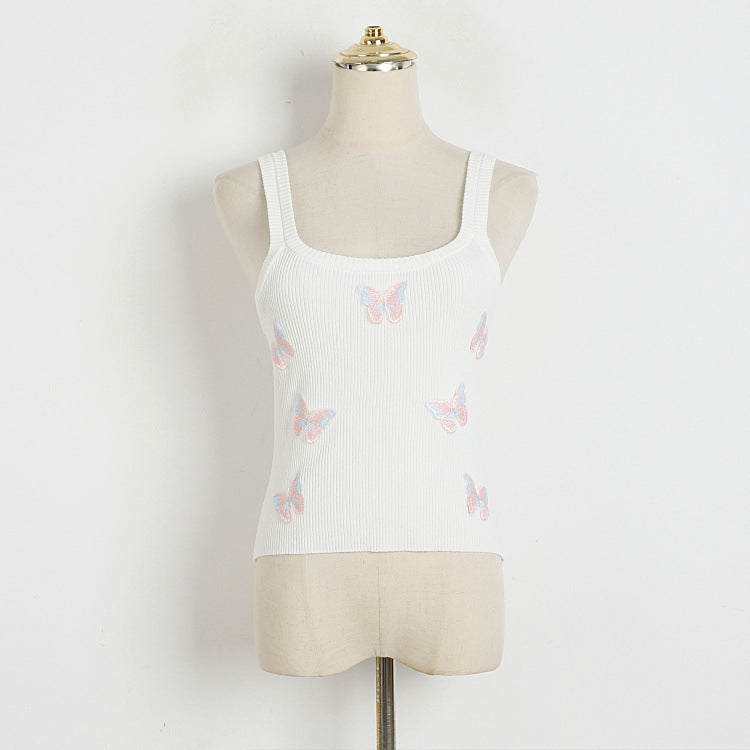 Camisola de verano para mujer, dulce, rosa, bonita, con espalda descubierta, bordada con mariposas, ajustada, corta y sexy