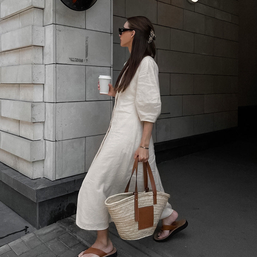 Vestido largo francés de lino y algodón con manga abombada para mujer, camisa holgada con Espalda descubierta, cuello en V, color Beige, francés