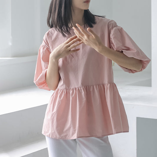 Japanese Korean Summer Short Sleeved Round Neck Shirt Women Lace Up Lantern Sleeve Minimalist Solid Color Top