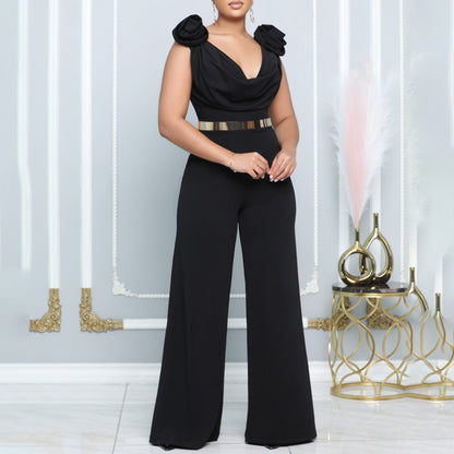 Women Clothing V Neck Sexy Wide Leg Pants Solid Color Turtleneck Sleeveless Fitted Waist Jumpsuit