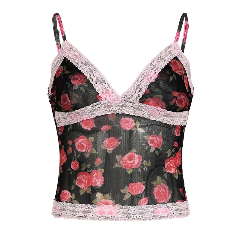 French Vacation Rose Printed Lace Stitching Mesh Camisole Sexy Retro Sexy See Through Slim Vest