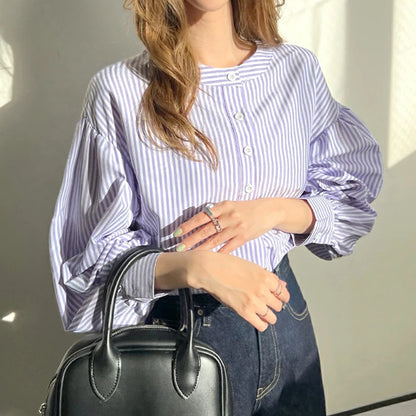 Women Shirt Summer Loose High Grade 7 Color Striped Lantern Sleeve Top Women