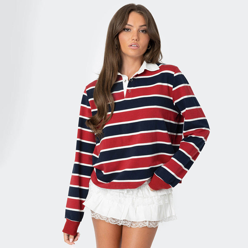 Sudadera holgada de manga larga con cuello tipo polo multicolor informal para mujer, otoño e invierno