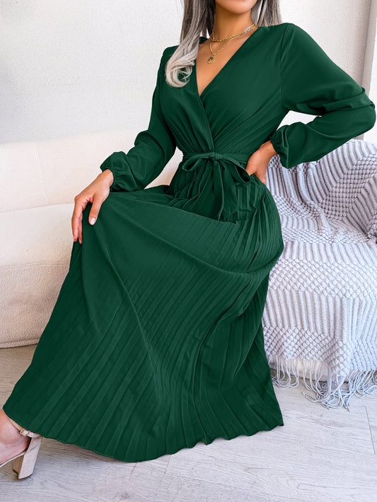 Popular Spring Summer Elegant Cross V neck Swing Pleated Dress Women Clothing