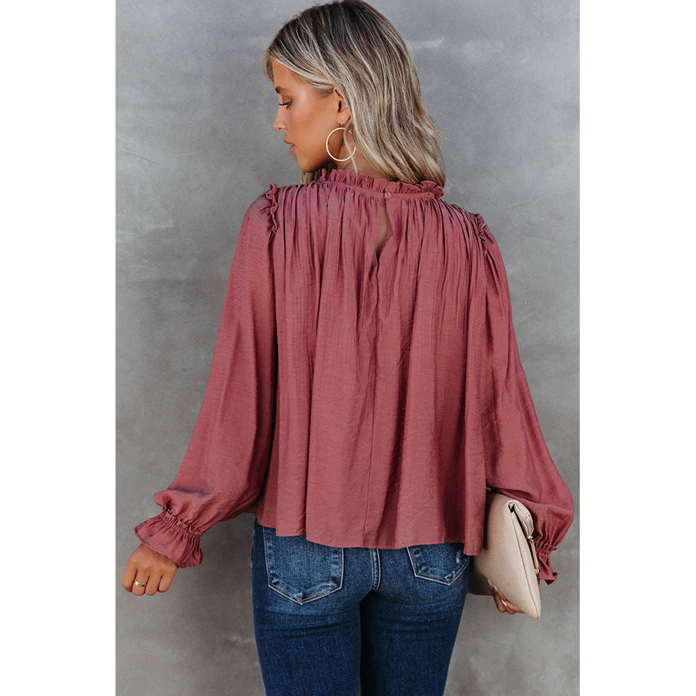 Red Ruffled Long Sleeved T shirt Women Autumn round Neck Top