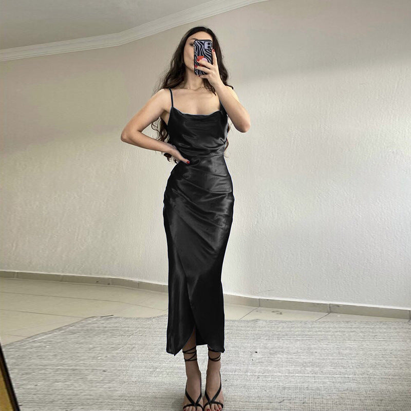 Sexy, tief ausgeschnittenes Sling-Kleid aus Satin mit Schlitz, schmales, rückenfreies Maxikleid