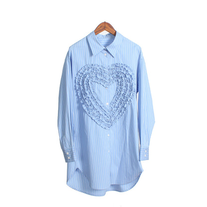 Nischendesign Himmelblau Gestreift Langes Liebesherz Locker All Match Lazy Oversize Damen Shirt