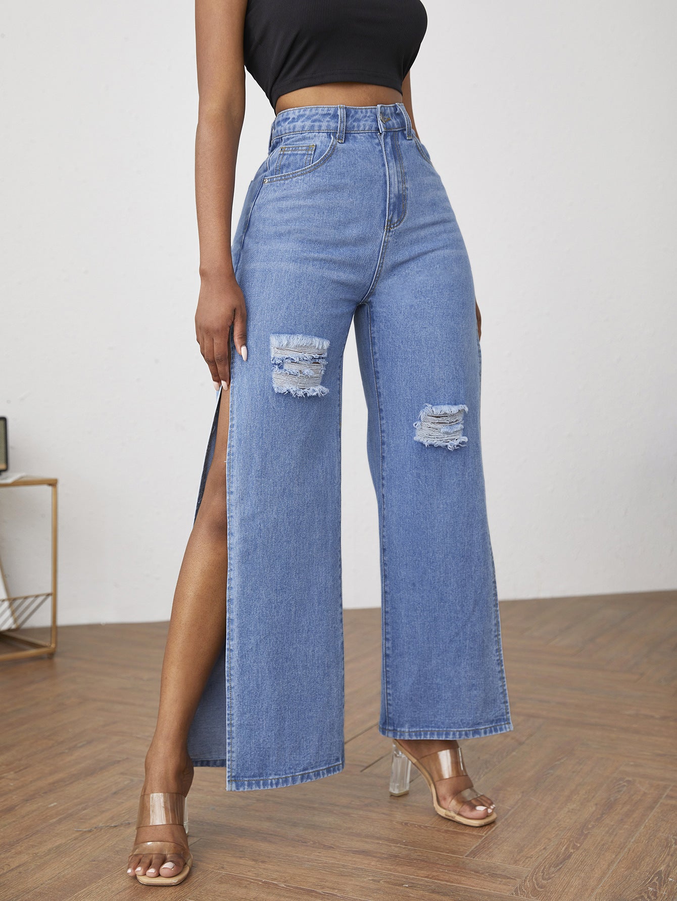 Damen Traceable Jeans Zerrissene Split Jeans