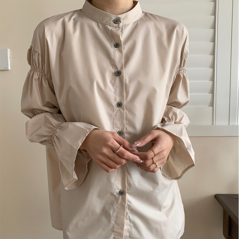 Summer Top Office Loose Lantern Sleeve Niche Design Solid Color Stand Collar Shirt for Women