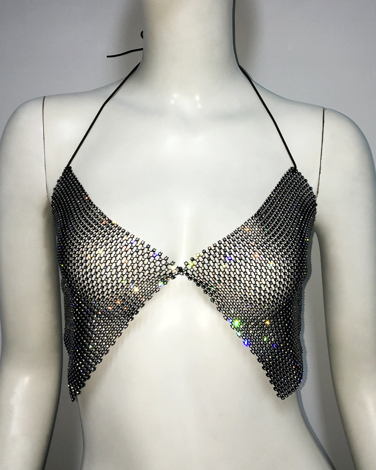 Women Clothing Fishnet Rhinestone Strap Sweet Spicy Top Stretch Halter Spaghetti Straps