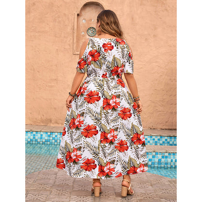 Plus Size Popular Women Clothing off the Shoulder Printed Dress Beach V neck Short Sleeve Loose Large Swing Jumpsuit Dress