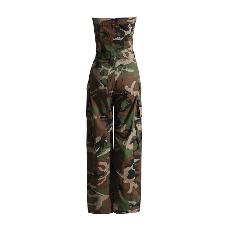 Personalized Fashionable Camouflage Pattern Women Jumpsuit Bandeau Slim Fit Slimming Work Clothes Women Casual Pants