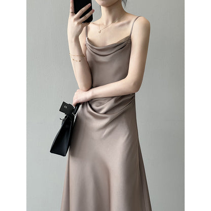 Satin-Slingkleid mit französischem Swingkragen, Sommer-Maxikleid mit Fischschwanz