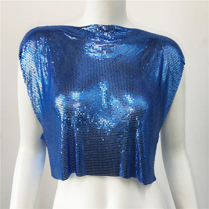 Women Clothing Spring Summer Sequined Metal Top Personality Hipster Punk Vest Music Festival Sequined T Shirt