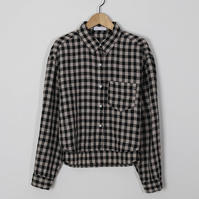 Retro Cotton Linen Plaid Pocket Shirt Early Autumn Lazy Wind Collared Long Sleeve Short All Match Casual Cardigan