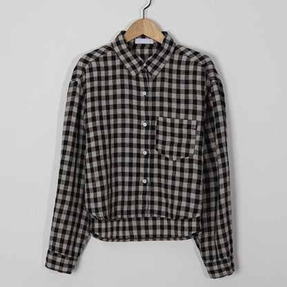 Camisa Retro de lino y algodón con bolsillo a cuadros para principios de otoño, cárdigan informal corto de manga larga con cuello de viento perezoso que combina con todo